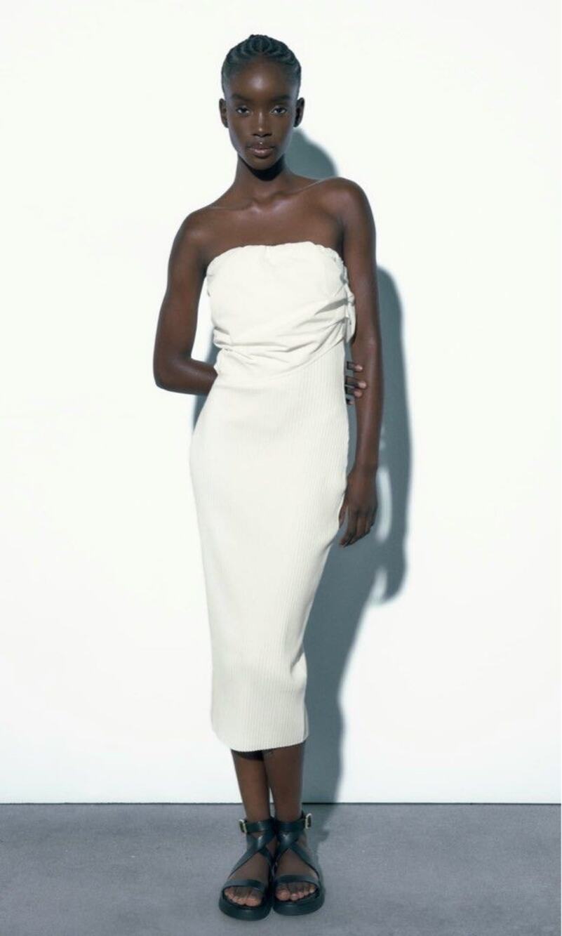 Zara White Bodycon ribbed tube dress with draped chest size small